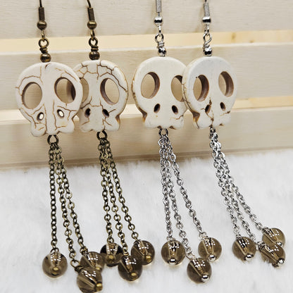 Long Howlite Skull and Chain Earrings with Smokey Brown Glass Dangles in Brass or Silver