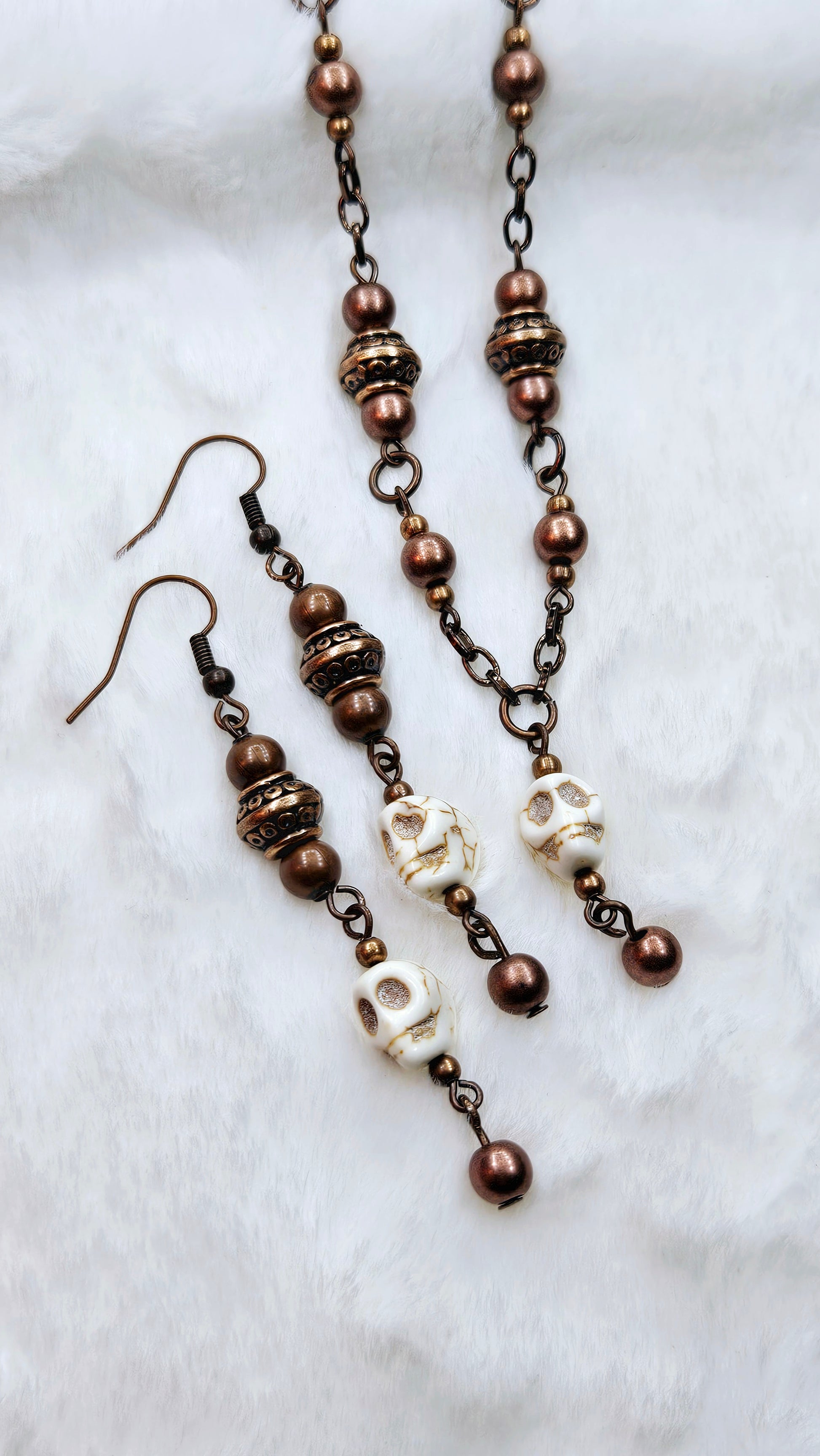 Skulls & Black Copper Set: Howlite Skull Pendant Necklace on Black Copper with Matching Earrings