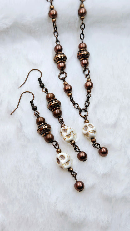 Skulls & Black Copper Set: Howlite Skull Pendant Necklace on Black Copper with Matching Earrings