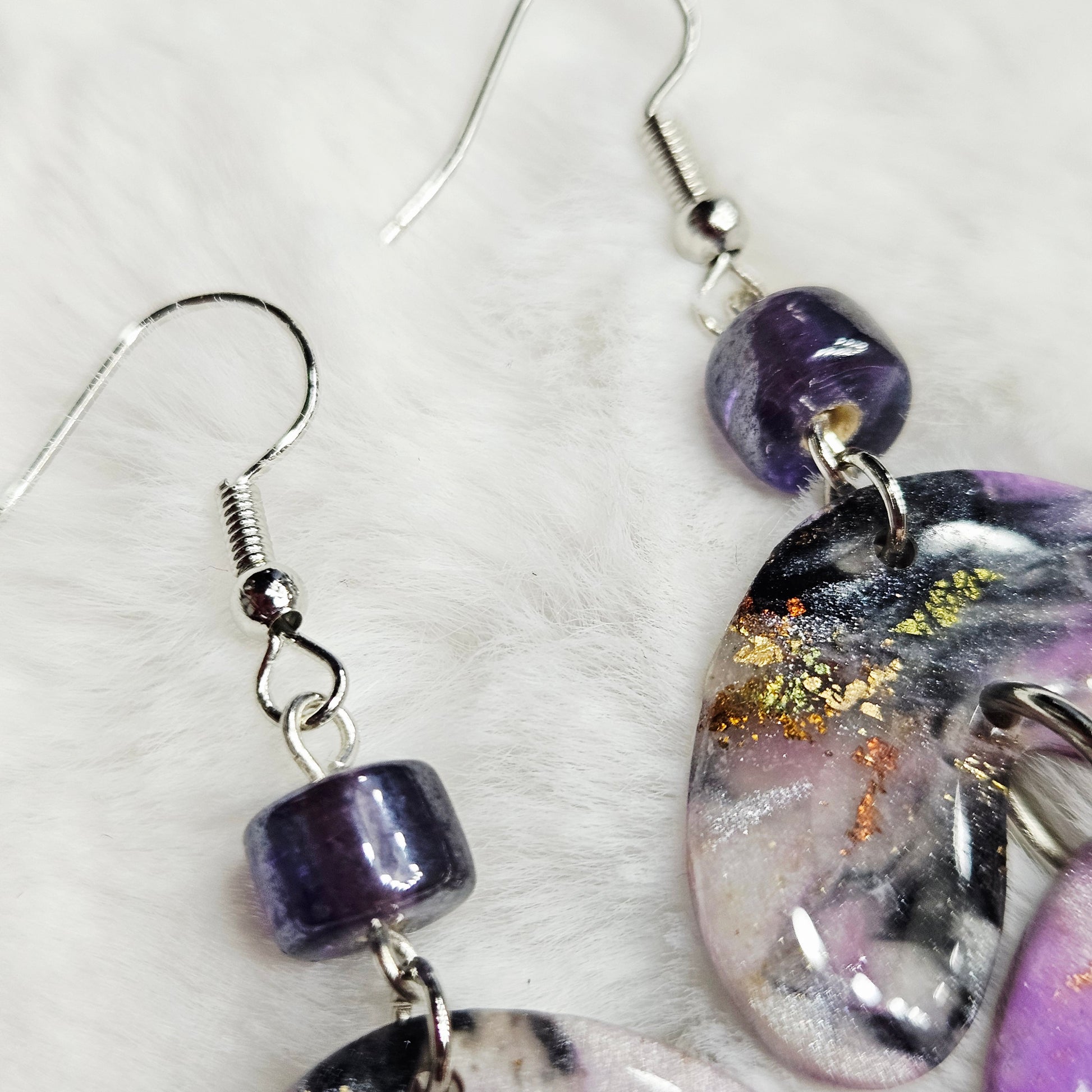 Purple Polymer Clay Marble Dangle Earrings with Purple Cylinder Glass in Silver