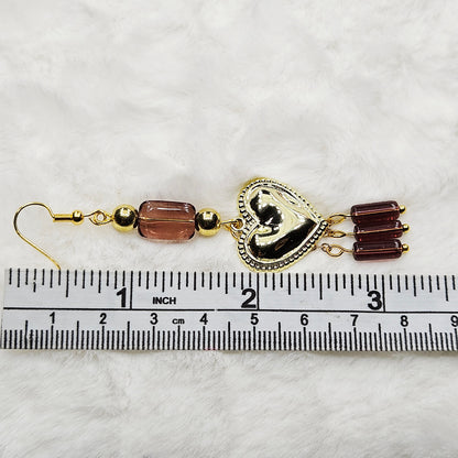 Golden Heart Charm Earrings with Dark Mauve Glass Dangles on Gold Chain - 3¼"