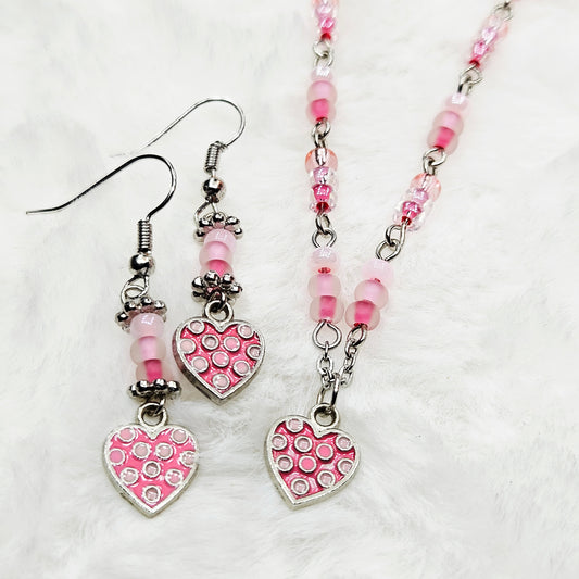 Dainty Pink Polkadot Heart Pendant Necklace and Earrings with Various Pink Glass Seed Beads