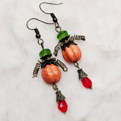 Orange "Pumpkin Men" Earrings with Crystal Teardrop Dangles on Brass