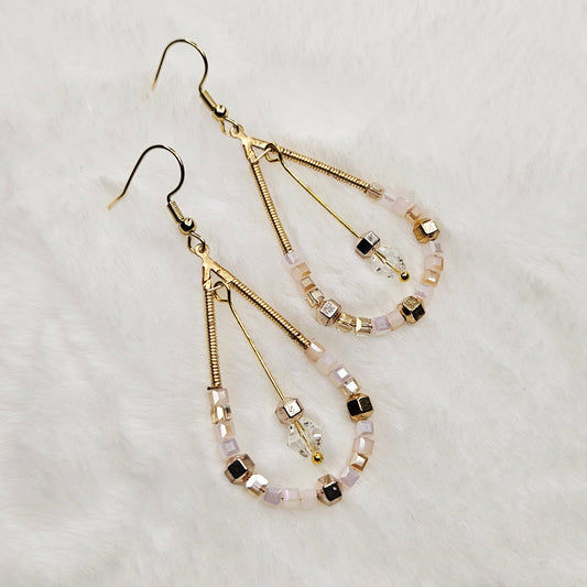 Gold Teardrop Hoops with Pale Pink and Gold Beads