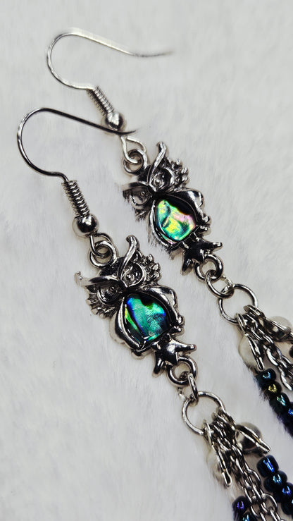 Abalone Owls with Various Seed Bead and Chain Tassel Dangle Earrings 