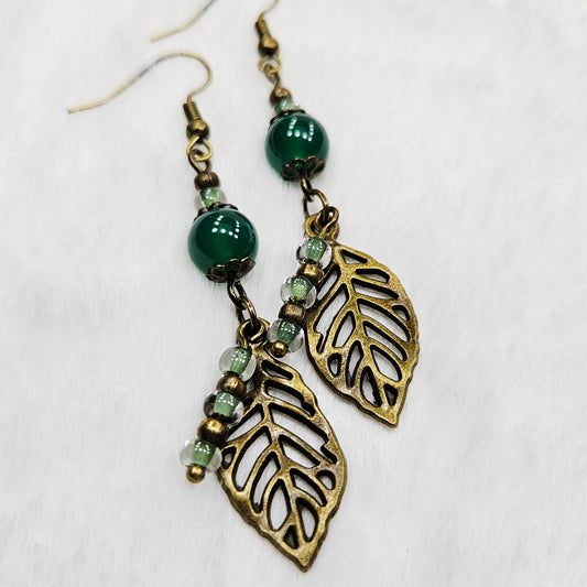 Rustic Antiqued Brass Leaf Earrings with Green Glass