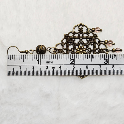 Square Antique Brass Tibetan Filigree Rhombus Chandelier Earrings with Smokey Dangles