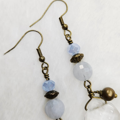 Antiqued Brass Baby Blue Natural Stone and Crystal Earrings with Gem Cut Glass and Brass Dangles