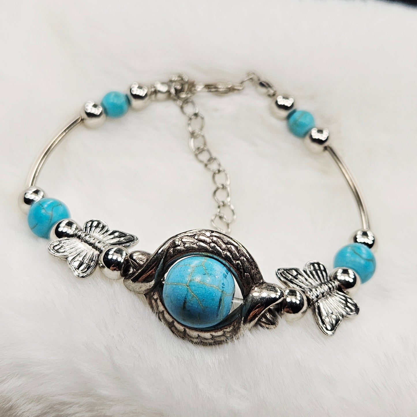 Antiqued Silver Turquoise Howlite Butterfly Bracelet or Anklet