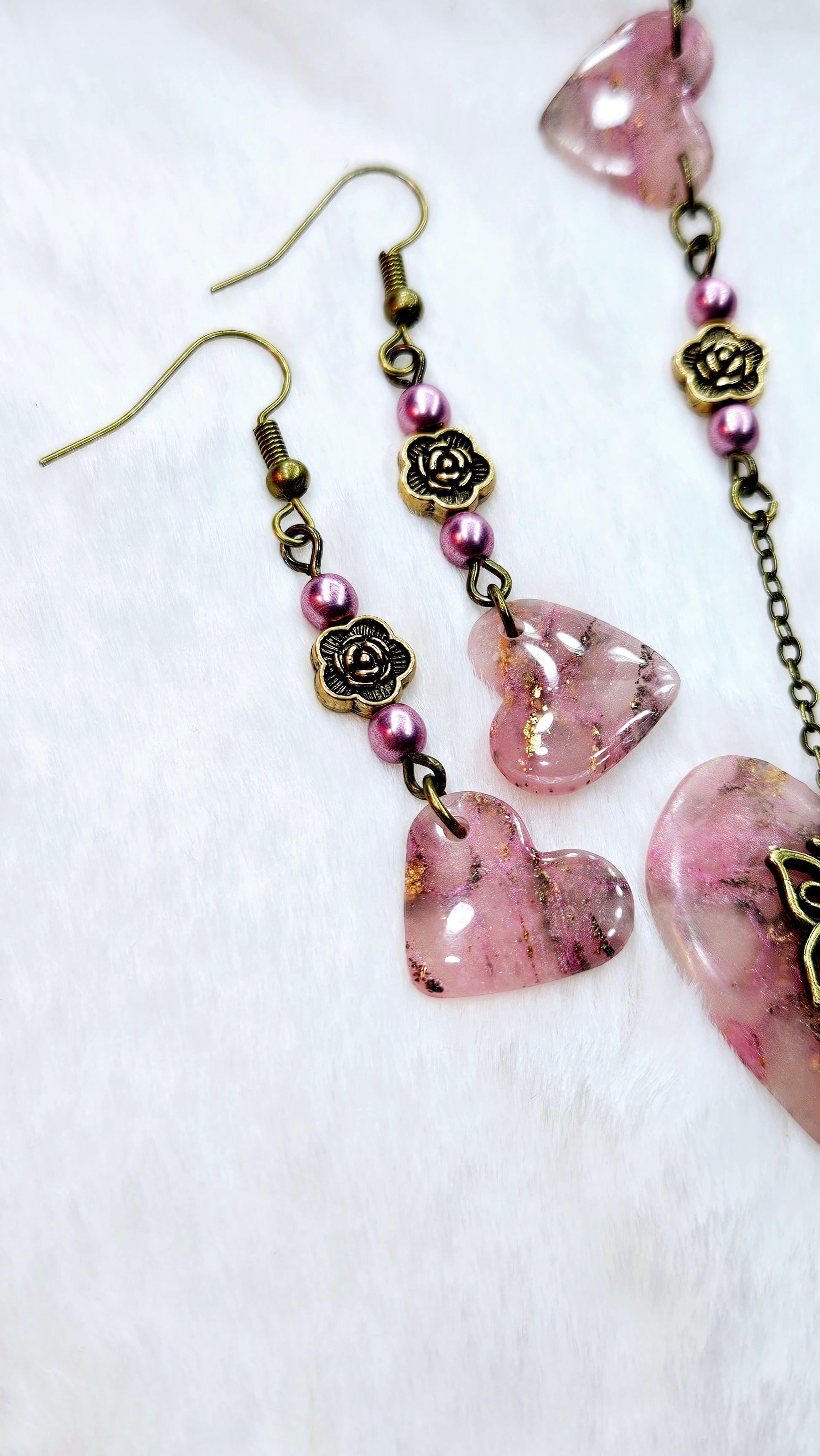 Pink Passion Marbled Clay Set: Pink Clay Hearts with Gold Fleck and Brass Butterfly Pendant Necklace with Matching Earrings