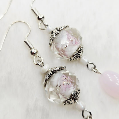 Hidden Flower Crystal Dangle Earrings with Light Pink Oval Glass and Silver Flower Caps - 2¼"