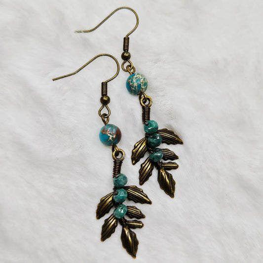Blue Dalmation Jasper and Imperial Jasper Antiqued Brass Branch Dangles