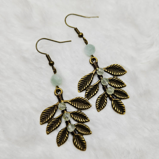Green Aquamarine and Prehnite Crystal Antiqued Brass Branch Dangles