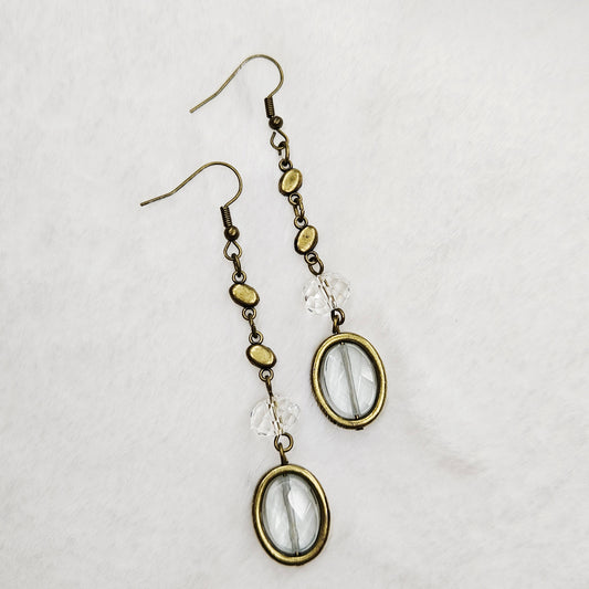 Long Antiqued Brass Earrings with Crystal and Brass-Framed Gem-Cut Rough Glass Dangles