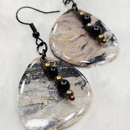 Black and Brown Gold Flake Marble Polymer Clay Earrings with Black Bead Dangles