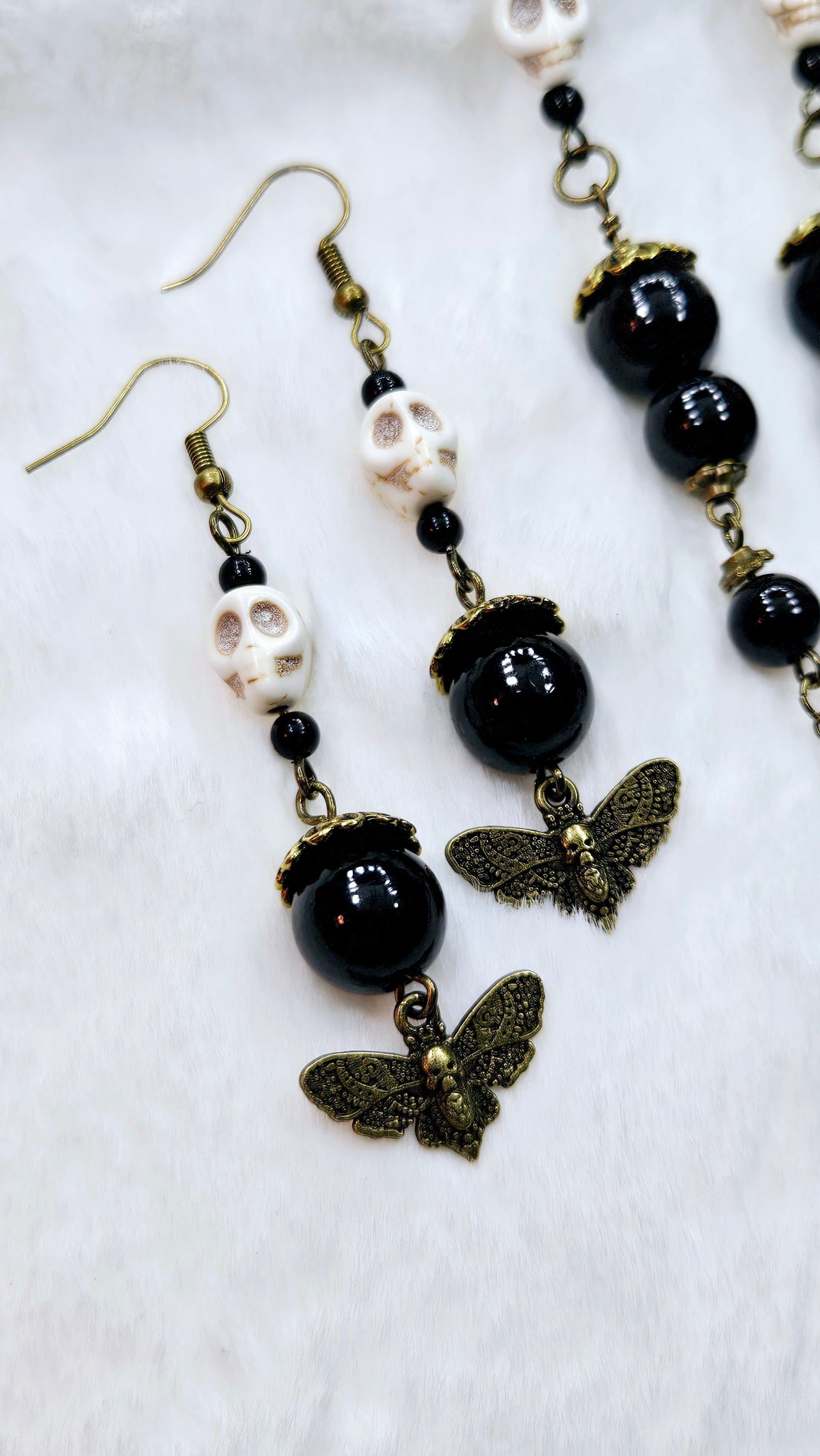 Macabre Moth & Skull Set: Brass Death Moth Pendant Necklace with Howlite Skulls & Matching Earrings