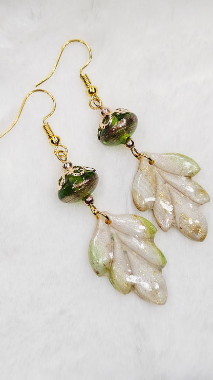 Marbled Green & Gold Fleck Clay Leaves with Copper Brushed Green Glass Dangle Earrings