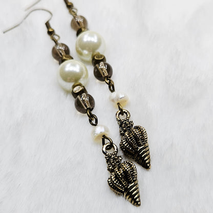 Long Bronze Conch Shell Earrings with Smokey Brown Glass and Pearl