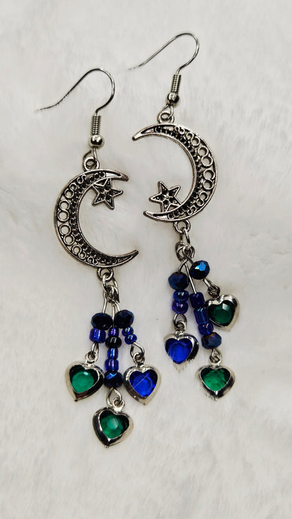 Silver Filigreen Moons with Blue and Green Gem Hearts Clusters Dangle Earrings