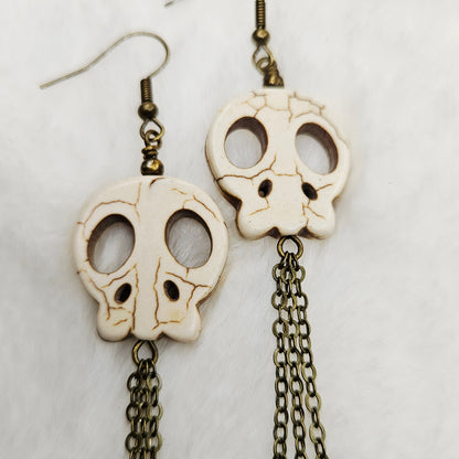 Long Howlite Skull and Chain Earrings with Smokey Brown Glass Dangles in Brass or Silver