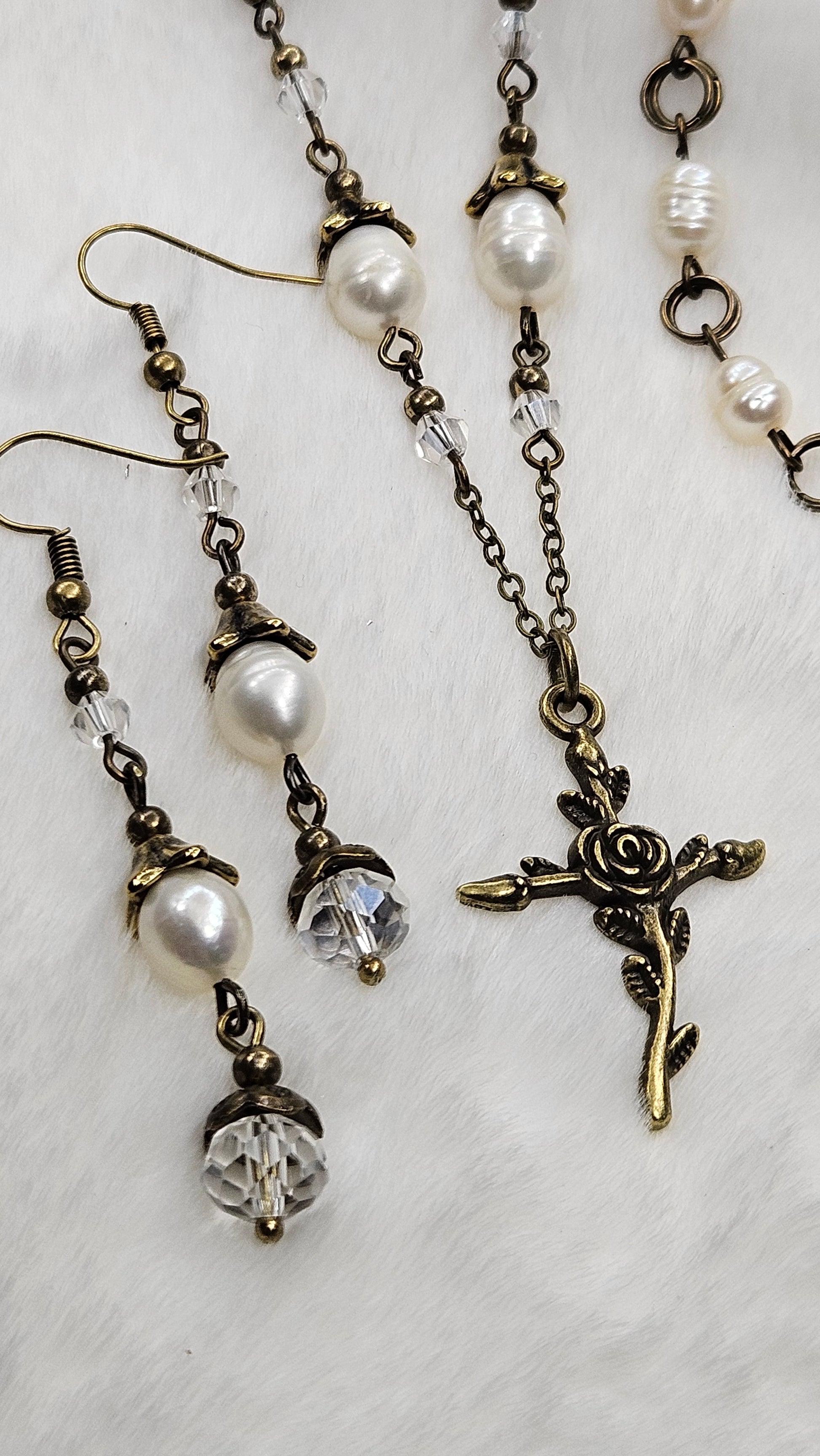 Antique Brass Risen Rose Cross Set - Rose Cross Pendant Necklace with Crystal & Freshwater Pearls Earrings & Bracelet