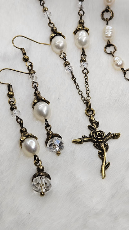 Antique Brass Risen Rose Cross Set - Rose Cross Pendant Necklace with Crystal & Freshwater Pearls Earrings & Bracelet