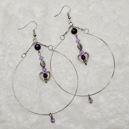 Large Silver Hoop Earrings with Tiny Purple Accents and Heart Dangles