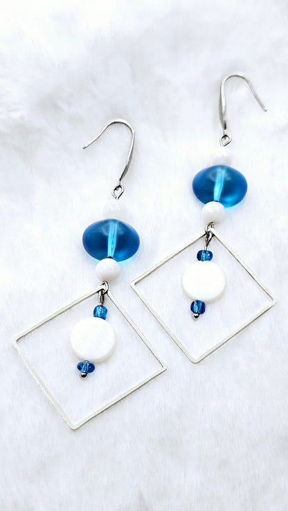 Deep Sky Blue & Pearl Silver Diamond Hoop Dangle Earrings