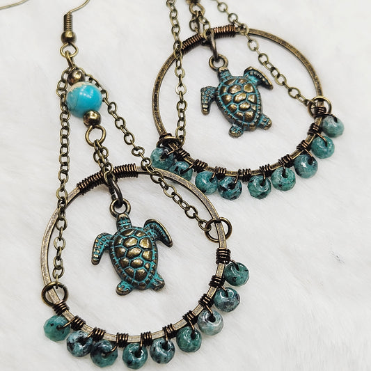 Aged Brass Sea Turtles and Blue Dalmation Jasper Earrings