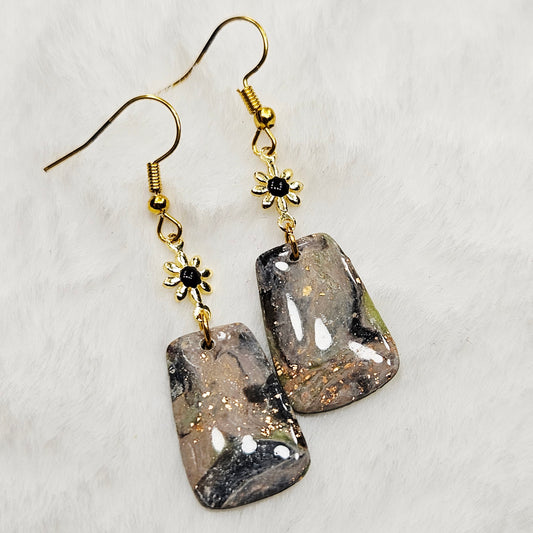Black and Brown Gold Flake Marble Polymer Clay Earrings with Gold Flowers