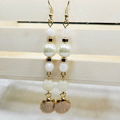 Long Beige Enamel Clamshell Earrings with Pearl and Quartz