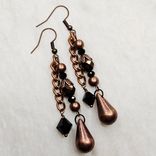 Antiqued Copper Chain Earrings with Black and Bronze Crystals