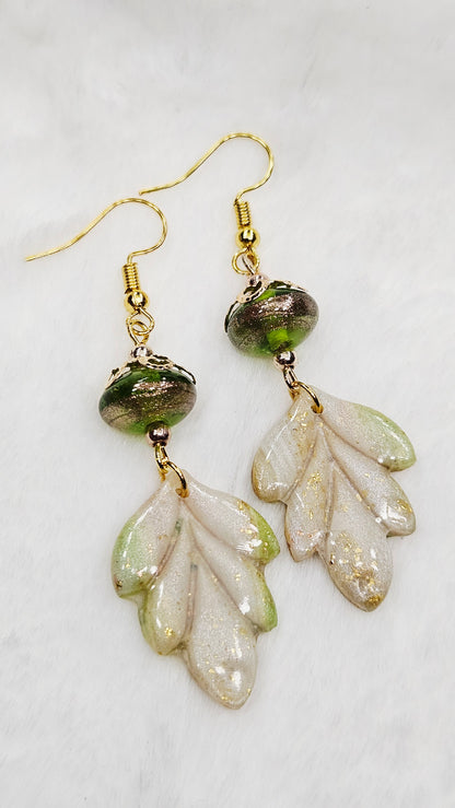 Marbled Green & Gold Fleck Clay Leaves with Copper Brushed Green Glass Dangle Earrings