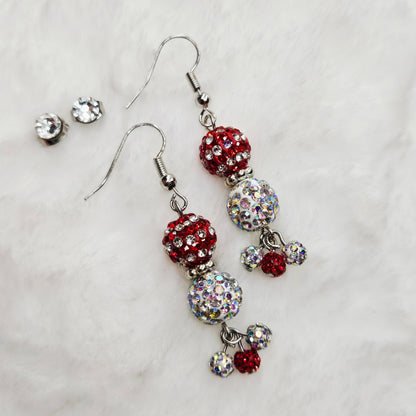 Super Sparkly Red and White Rhinestone Disco Ball Earrings with White or Red Studs