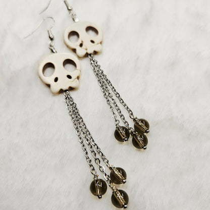 Long Howlite Skull and Chain Earrings with Smokey Brown Glass Dangles in Brass or Silver