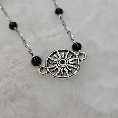 Black Hole Sun Beaded Silver Chain Necklace with Polished Black Glass - 16"