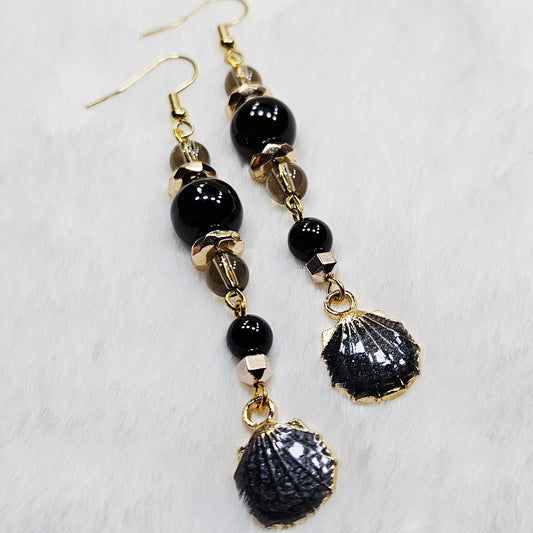 Long Black Glitter Enamel Clamshell Earrings with Black and Smokey Brown Glass