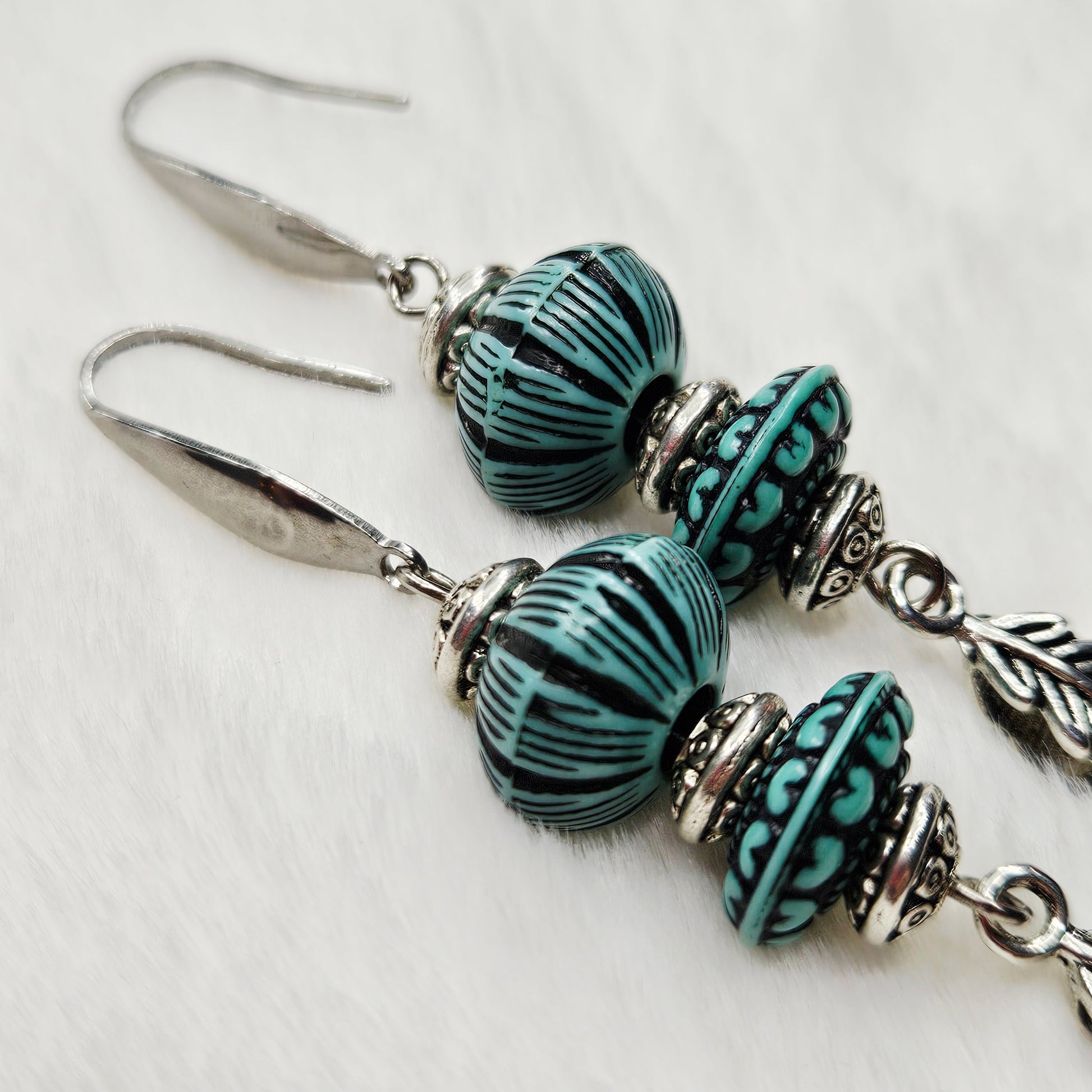 Western Style Vintage Turquoise and Silver Dangle Earrings with Feather Charms