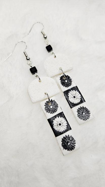 Monochrome Floral Print Clay Earrings with Black or White Arches - 3"