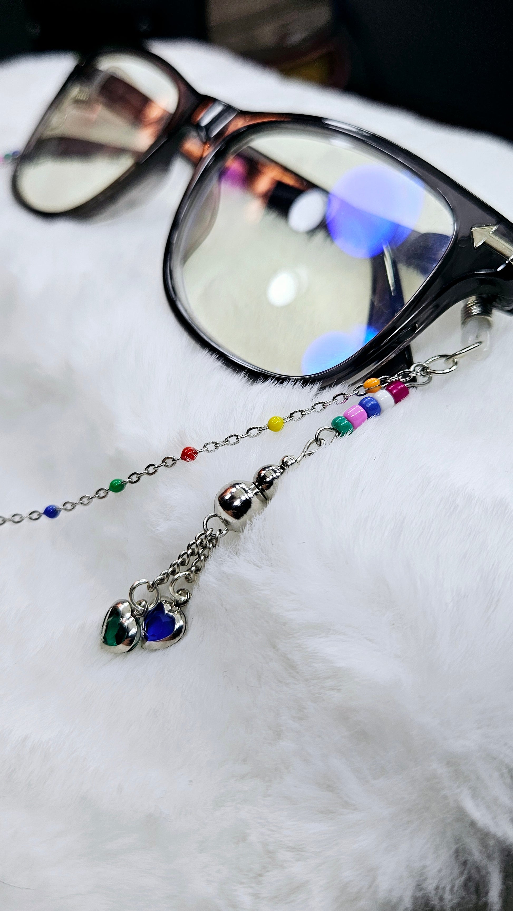 Blue & Green Hearts with Multicolor Silver Glasses Chain