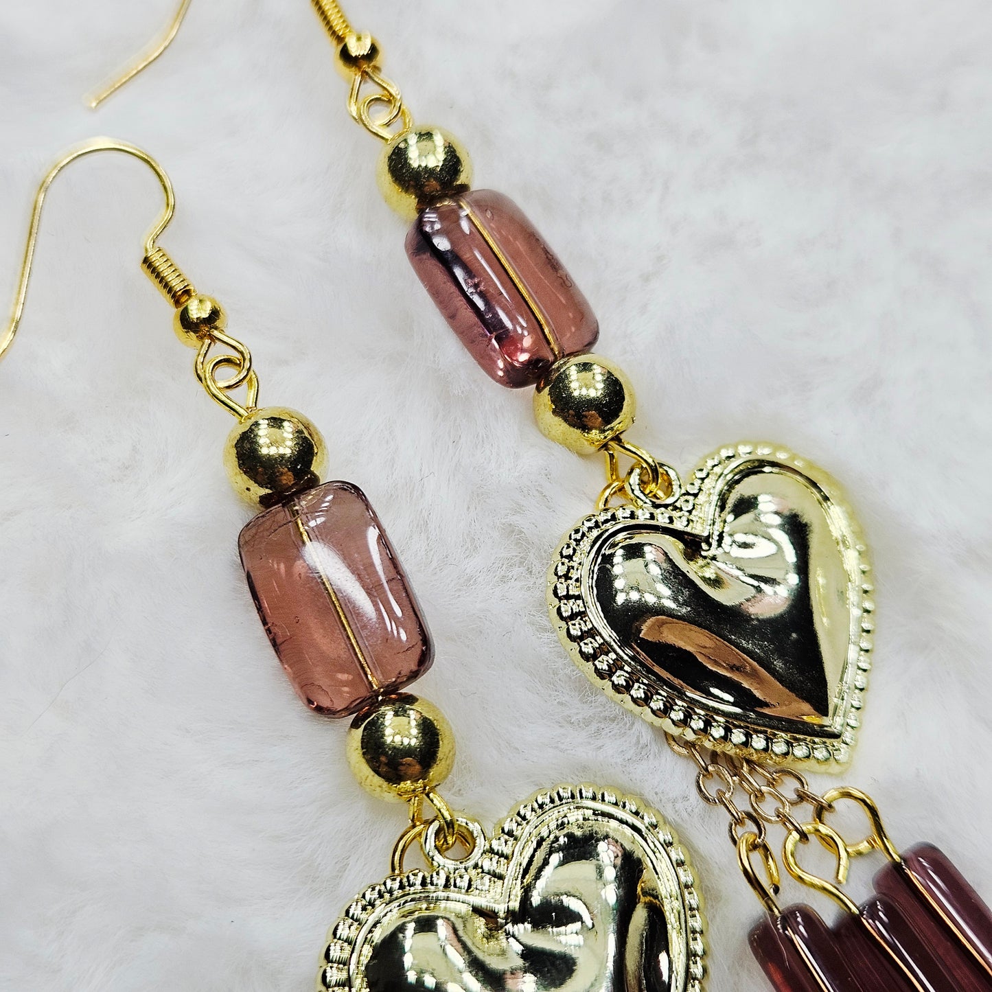 Golden Heart Charm Earrings with Dark Mauve Glass Dangles on Gold Chain - 3¼"