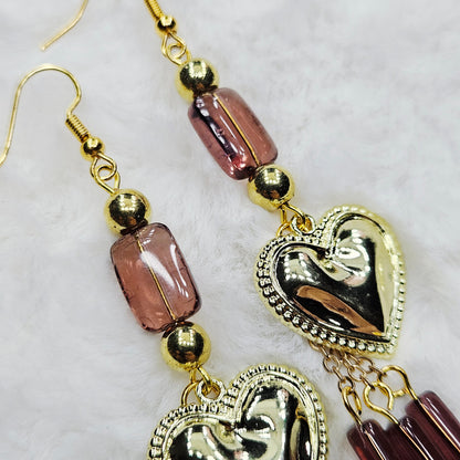 Golden Heart Charm Earrings with Dark Mauve Glass Dangles on Gold Chain - 3¼"