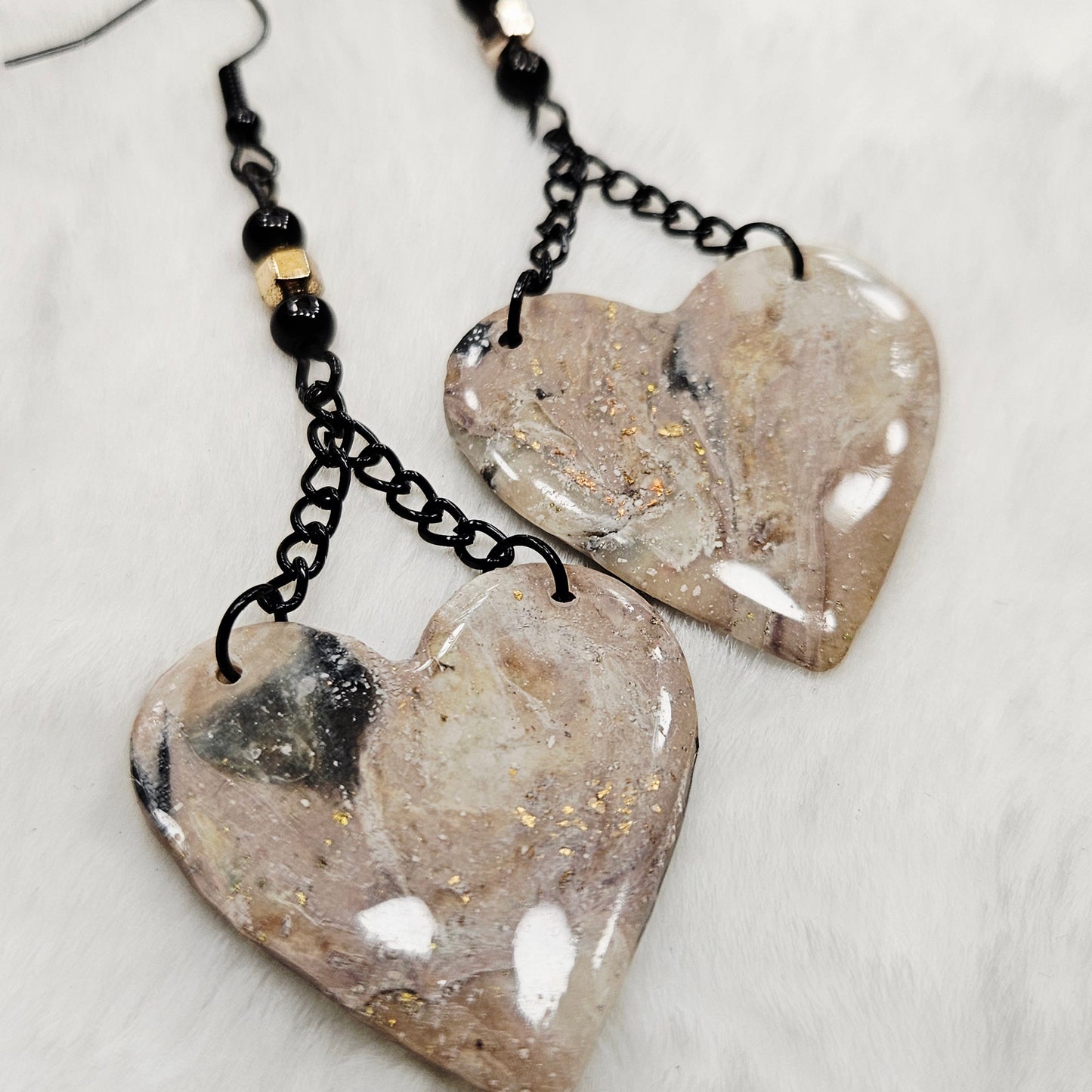 Black and Brown Gold Flake Marble Heart Polymer Clay Earrings with Black Chain