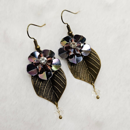 Antiqued Brass Leaf Earrings with Dark Purple Irridescent Flowers and Clear Crystal Dangles