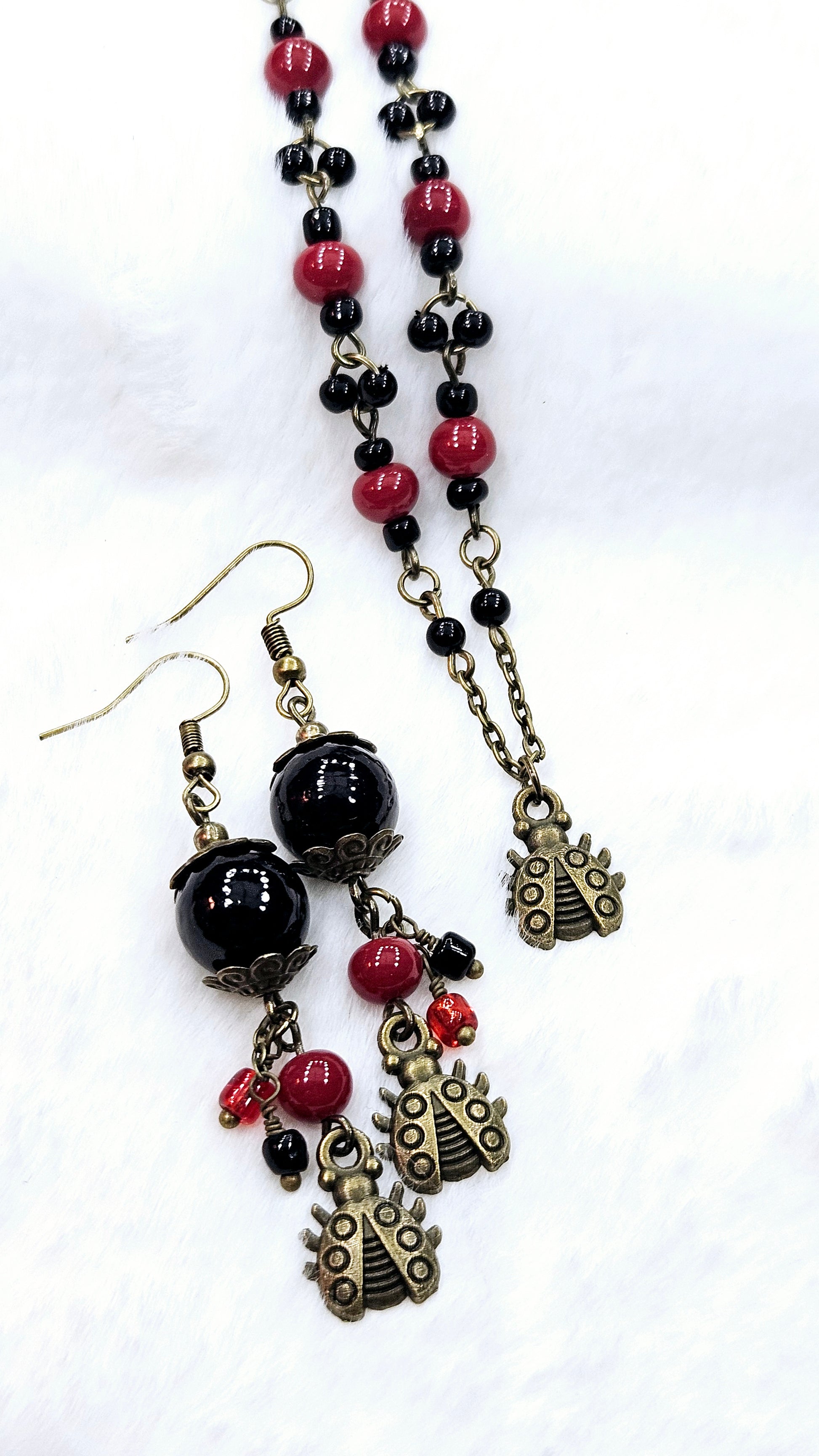 Loveable Little Ladybug Set: Brass Ladybug Pendant Necklace & Earrings with Red & Black Beads