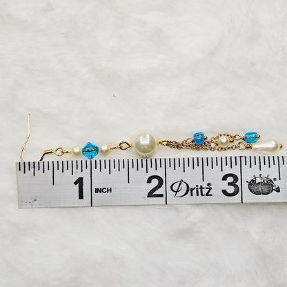 Long Light Blue and Pearl Gold Chain Dangles