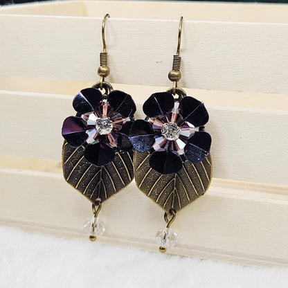 Antiqued Brass Leaf Earrings with Dark Purple Irridescent Flowers and Clear Crystal Dangles
