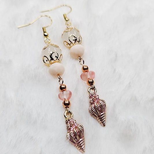 Gold and Rose Gold Conch Shell Earrings with Pink Stones