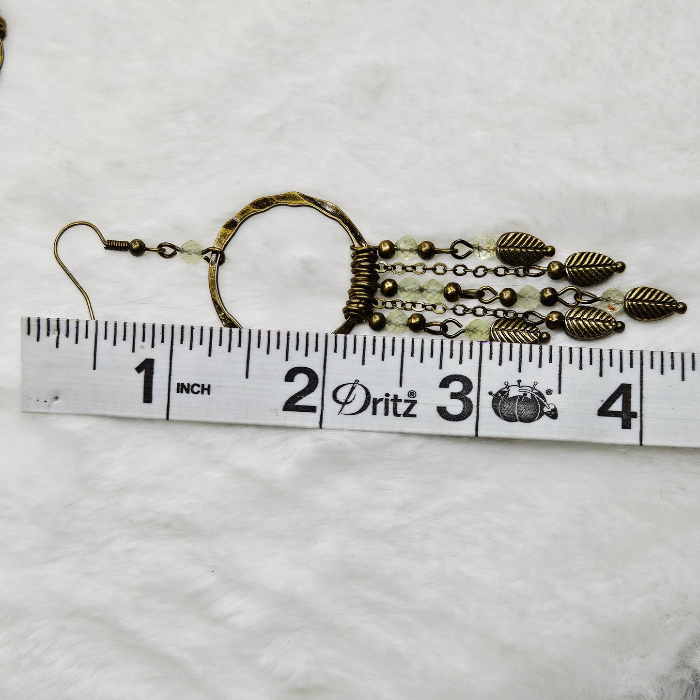 Long Rustic Prehnite Crystal and Brass Leaf Chandelier Earrings