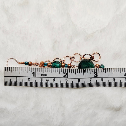 Unique Green Emerald Austrian Crystal and Red Copper Chain Earrings